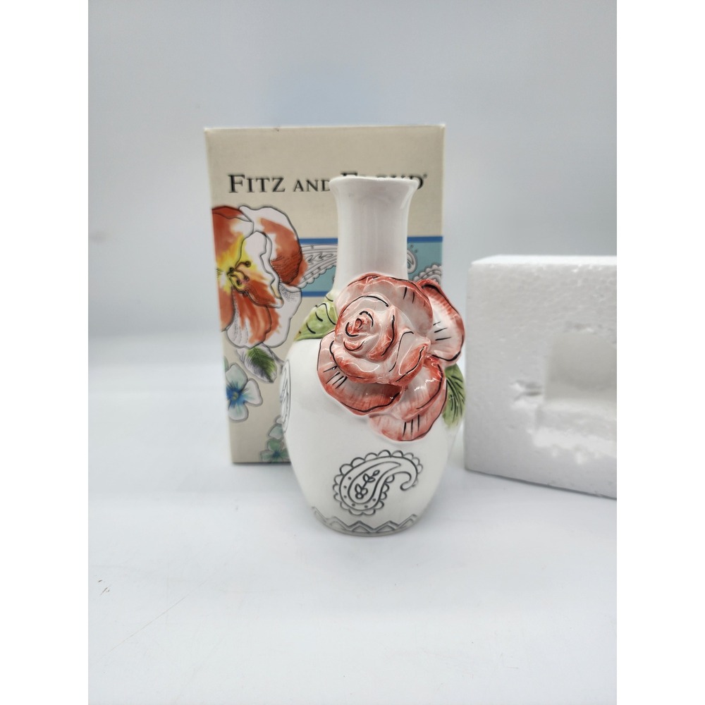 Fitz and Floyd Paisley Park Bud Vase 3D Pink Rose White Ceramic Floral 6 inch